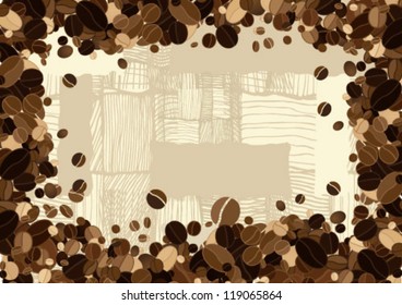 Coffee seeds border background on the sack texture. Vintage frame, vector illustration
