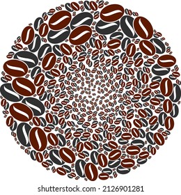 Los artículos de semillas de café se combinan en la recolección del globo. Mosaico esférico de icono de semillas de café. Abstracción alrededor del collage globula combinado a partir de semillas de café.