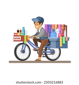 Coffee Seller On Bike Asian Street Food Cartoon Illustration Vector