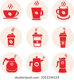 Coffee is served in several packages. Coffee packaging icon. Coffee cup and coffee pot. 