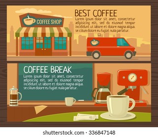 Coffee service in shop and cafe. Vector flat illustration.  Hand drawn design element for label and poster
