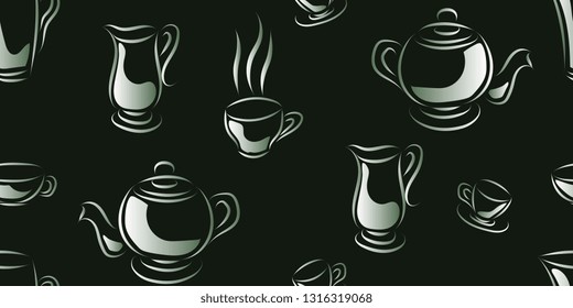 Coffee service. Ware for coffee and tea. Seamless pattern of cups and teapots. Vector graphics