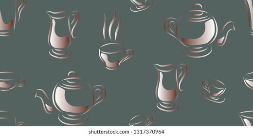 Coffee service. Wares for coffee and tea. Seamless pattern of cups and teapots. Vector graphics