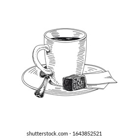 Coffee serving hand drawn black and white vector illustration. Arabica and loaf-sugar sketch. Retro mug monochrome design element. Vintage cup with tea and rafinated sugar isolated on white background