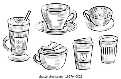 Coffee serving vector, isolated set of sketches outline. Bean on plastic container for beverage takeout, glass with straw layers of drink. Caffeine energy
