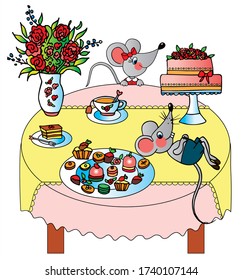 Coffee set with 2 mice. Cake, desserts, flowers, cup af tea, table. 