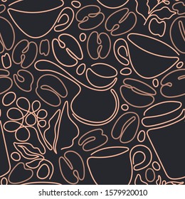 Coffee set. Abstract seamless pattern. Vector graphic nature branch, foliage, bean, grain, cup. Art single line hand drawn illustration on black background. Aroma drink, raw food. Retro print
