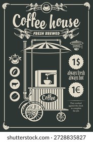 Juego de café o Anuncio con marco, cafetera, granos de café, Carrito, tazas, dirigible, vaca, placas de Precio e inscripción de cafetería. Conveniente para el logotipo, menú, etiqueta, cartel, tienda, restaurante, café. IA no utilizada