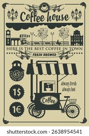 Coffee set or banner with coffee machine, cups, old town and cityscape, price tags and coffee house inscription. Suitable for logo, menu, label, sign, shop, restaurant, cafe. AI not used