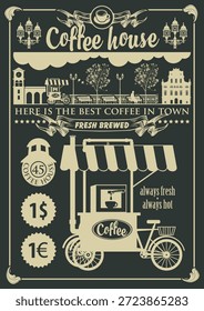 Juego de café o Anuncio con cafetera, tazas, casco antiguo y paisaje urbano, etiquetas de Precio e inscripción de cafetería. Conveniente para el logotipo, menú, etiqueta, muestra, tienda, restaurante, café. IA no utilizada