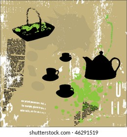  coffee set and a basket of apples grunge vector