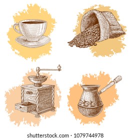 Coffee set with coffee beans, bag and  grinder, illustration in hand drawn style, engraving. 