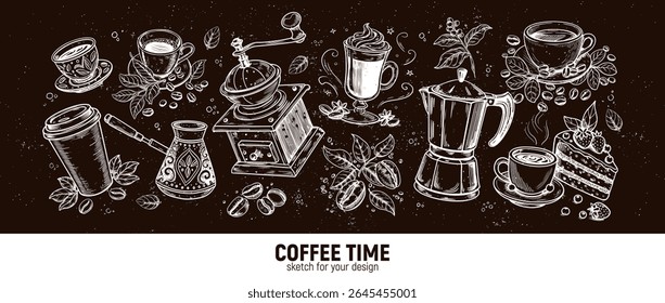 Coffee set: beans, branch, cup, grinder, kettle, turk. Hand-drawn sketch.