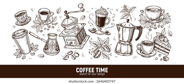 Coffee set: beans, branch, cup, grinder, kettle, turk. Hand-drawn sketch.
