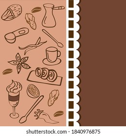 Coffee set with coffee beans, capsules, chocolate, almond and cakes. Hand drawn, outline vector illustration