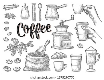 coffee Set. Beans, wooden scoop, sack, grinder, branch, glass latte with whipped cream. Female hand hold cup. Vintage black vector engraving isolated on white. Calligraphic handwriting lettering