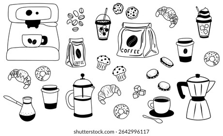 Coffee set with black outline icons