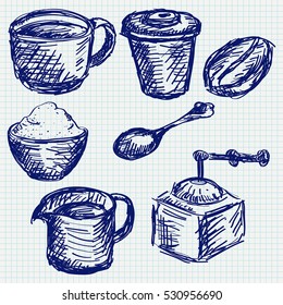 Coffee set. Blue hand drawn sketch on notebook sheet background. Vector illustration