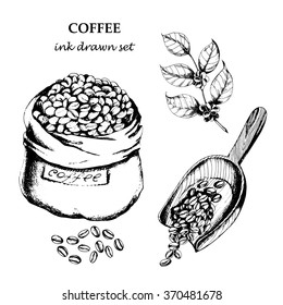 Coffee set with  coffee branch, coffee beans, bad of coffee, scoop of coffee. Hand drawn vector illustration in sketch style. Ink drawn.