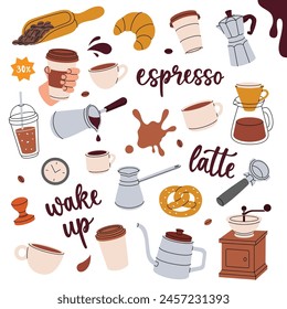 Juego de café. Menú de cafetería, cafetería. Frijoles, bebidas, tazas, olla, paquete, molinillo, Filtrar, máquina, portafilter, hervidor. Ilustración vectorial.