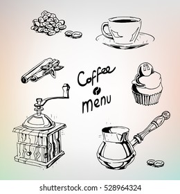 Coffee set for cafes menu. Drawing collection