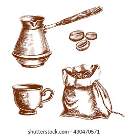 Coffee set with the cezve, cup and the canvas sack with coffee beans. Vector illustration.