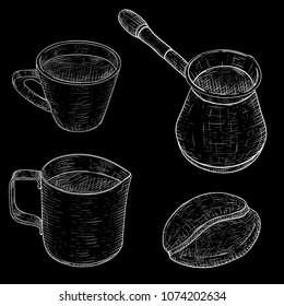 Coffee set - cezve pot, milk jug, cup and coffee bean. White hand drawn sketch on black background. Vector illustration