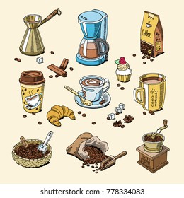 Coffee set coffeebeans and coffeecup vector drink hot espresso or cappuccino in coffeeshop and mug with caffeine in bar illustration isolated on background