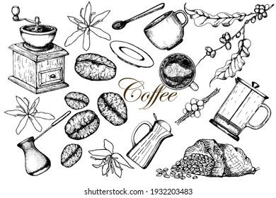 Coffee set. Collection of design of coffee products and drinks. Hand drawn sketch, vector stock illustration. Engraved style Design for cafes and restaurants.