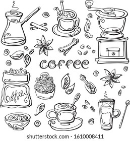 Coffee set. Collection of hand drawn sketches in one line style. Cup, coffee maker,  grain, spoon , coffee grinder,cinnamon, latte,vanile,cappuccino,cake, coffee bag, lettering.  