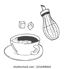 Coffee set. Collection of hand drawn sketch. Cup, coffee with sugar cubes. Vector elements isolated on white background