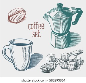 Coffee Set. Collection Of Hand Drawn Sketches. Cup, Coffee Maker, Coffee Grain And Spoon With Sugar Cubes. Vector Elements Isolated On White Background