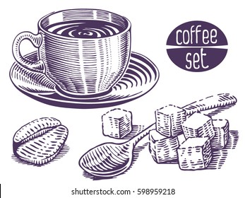 Coffee Set. Collection Of Hand Drawn Sketch In Engraving Styles. Cup, Coffee Grain And Spoon With Sugar Cubes. Vector Elements Isolated On White Background