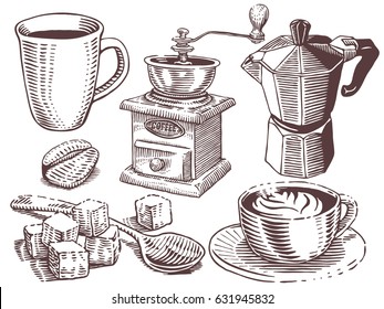 Coffee set. Collection of hand drawn sketches in engraving style. Cup, coffee maker, coffee grain, spoon with sugar cubes, coffee grinder, latte. Vintage vector elements isolated on white background