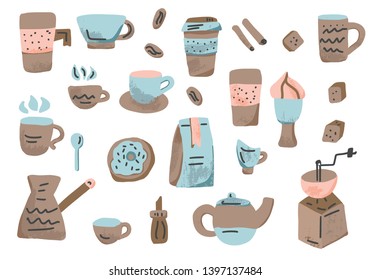 Coffee set. Collection of coffee items isolated on white background. Vector illustration.