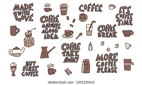 Coffee set. Collection of coffee items and lettering isolated on white background. Vector illustration.