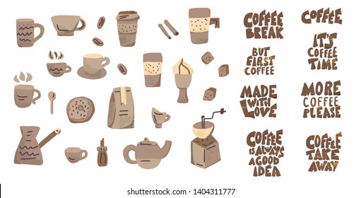 Coffee set. Collection of coffee items and phrases isolated on white background. Vector illustration.