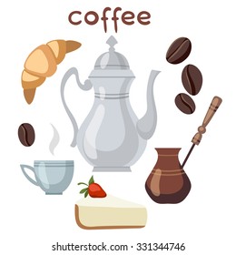 Coffee set, color images, set of design elements.