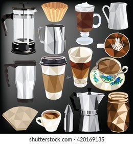 Coffee set colorful low poly designs isolated on dark background. Vector illustration.