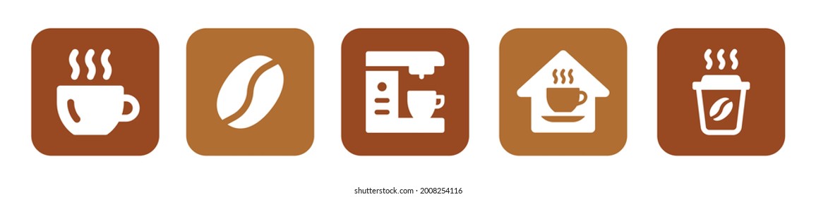 Coffee set. Containing hot coffee in cup, coffee bean, coffee maker, cafe and take away cup symbol vector illustration.