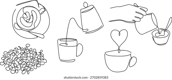 Juego de café, taza de café, granos de café, elaboración de café, arte de café con leche, una Ilustración vectorial de línea continua. Ilustración de línea simple.