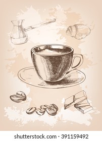 Coffee set: a cup, coffee beans and cezve