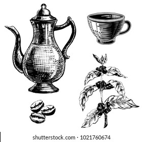 Coffee set with coffee cup, coffeepot and plant with berries and coffee beans.