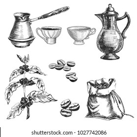 Coffee set with cup, coffeepot and plant with berries and coffee beans and the canvas sack.