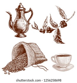 Coffee set with cup, coffeepot and plant with berries and coffee beans and the canvas sack.