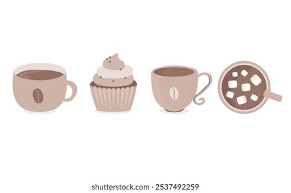 Coffee set. coffee, cup, espresso, cappuccino, beans. Doodle minimalist flat clip art. 