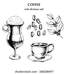 Coffee set with cup of espresso, Latte in glass, branch of coffee, coffee beans. Hand drawn vector illustration in vintage style. Sketch art. Ink drawn.