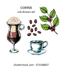 Coffee set with cup of espresso, Latte in glass, branch of coffee, coffee beans. Hand drawn vector illustration in vintage style. Sketch art. Ink drawn.