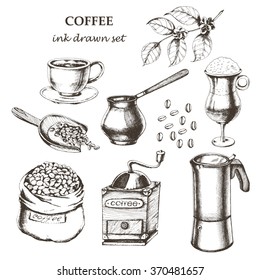 Coffee set with cup of coffee espresso, coffee mill, coffee pot, Latte in glass, coffee branch, coffee beans, bad of coffee, scoop of coffee. Hand drawn vector illustration in sketch style. Ink drawn.