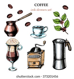 Coffee set with cup of coffee espresso, coffee mill, coffee pot, Latte in glass, coffee branch, coffee beans. Hand drawn vector illustration in sketch style. Ink drawn.
